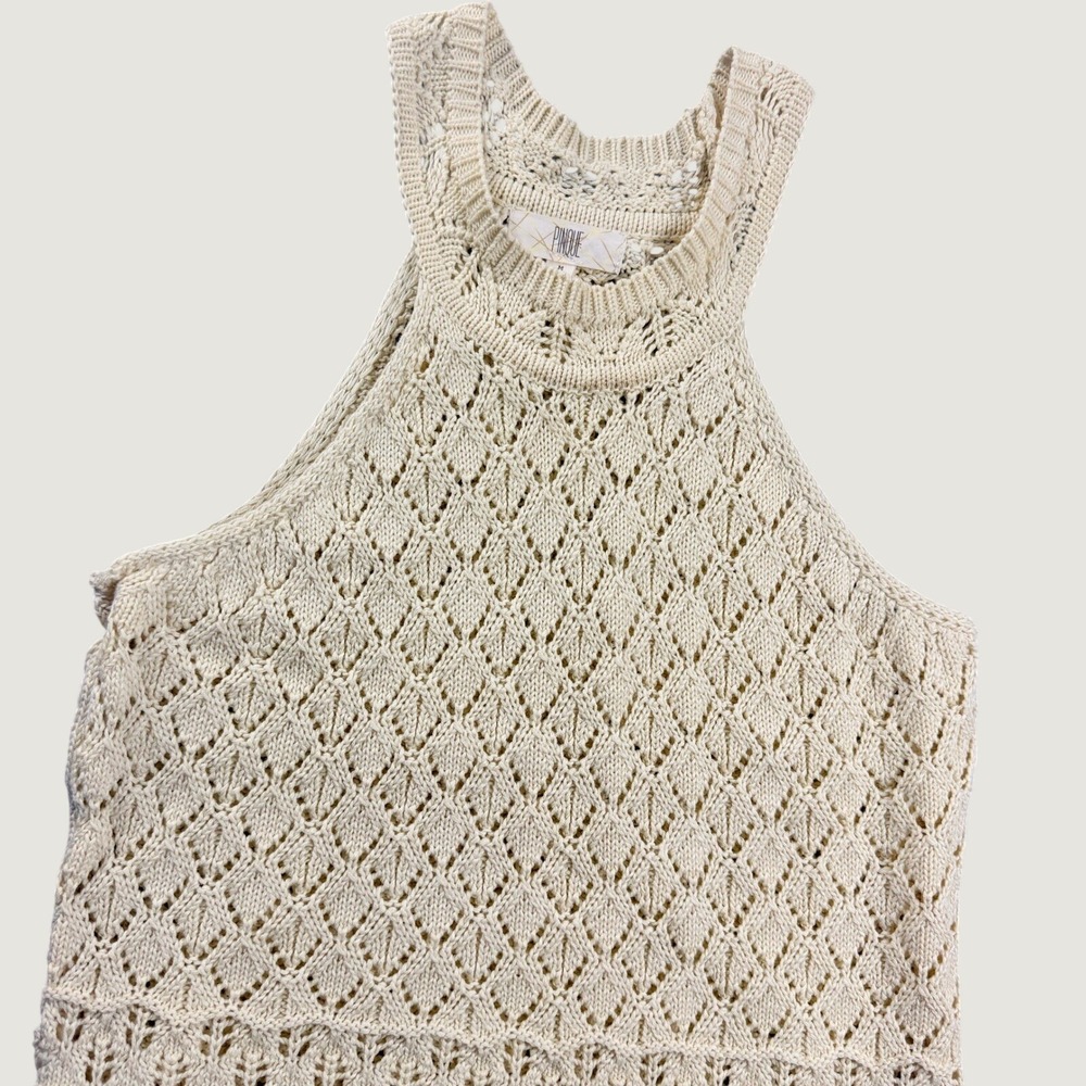 PINQUE Womens Medium Cream‎ Pointelle Knit Halter Top Scalloped Hem High Neck